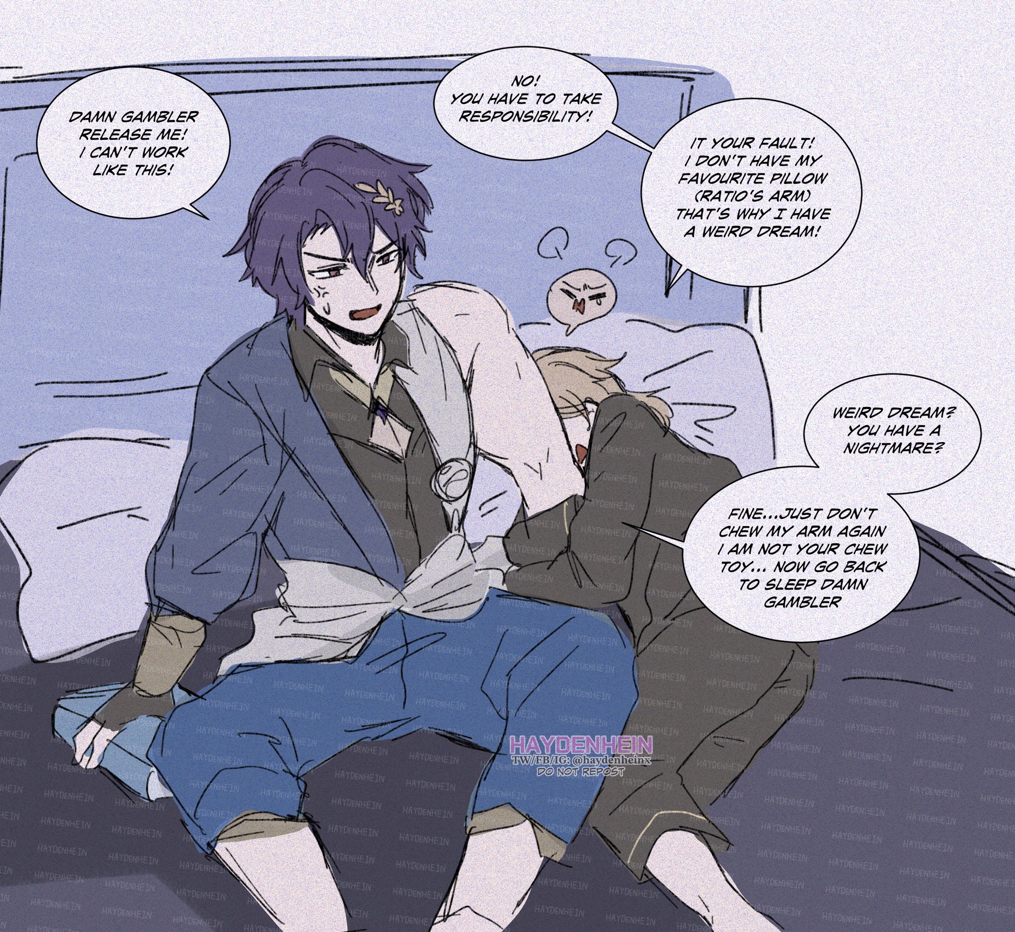 the image shows two anime boys in a bedroom. the boy on the left is sitting on a bed with his legs crossed, looking annoyed. he has purple hair and is wearing a black and blue outfit with a white sash around his waist. the boy on the right is lying in bed with his head resting on the left boy's legs. he is wearing a white outfit and has brown hair. both boys are talking to each other, and the text bubbles show that they are arguing about a pillow.