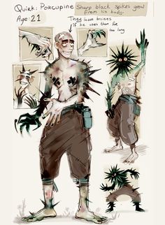 a character design sheet for a male character with a porcupine quirk. the drawing style is loose and sketchy, done in brown, black, and white. the character sheet shows the character from the front, back, and includes details about their quirk.
