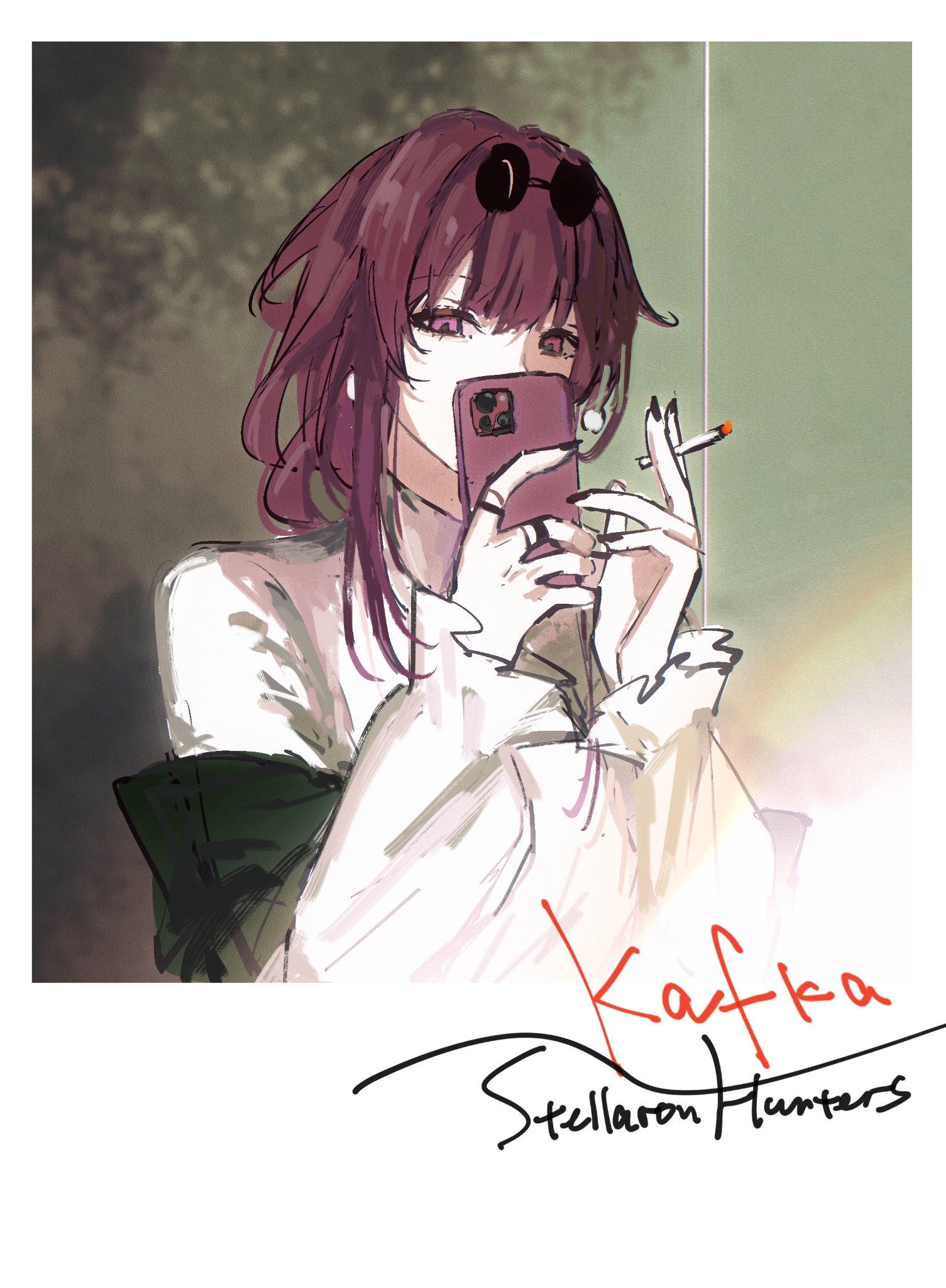 a digital illustration of a young woman with long purple hair, wearing sunglasses, holding a smartphone and smoking a cigarette. she is dressed in casual streetwear.  her name and title, "kafka, stellaron hunters" are signed at the bottom of the image. the artwork is stylized and has a cool, urban aesthetic.