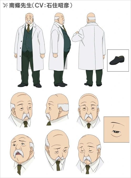 this image is a character design sheet for an anime character. the character is an old man with gray hair and a mustache, wearing a white lab coat, black pants, and shoes. there are multiple views of the character, including front, side, and closeup shots of the face, showing different expressions. the sheet also includes a closeup of the character's shoes.