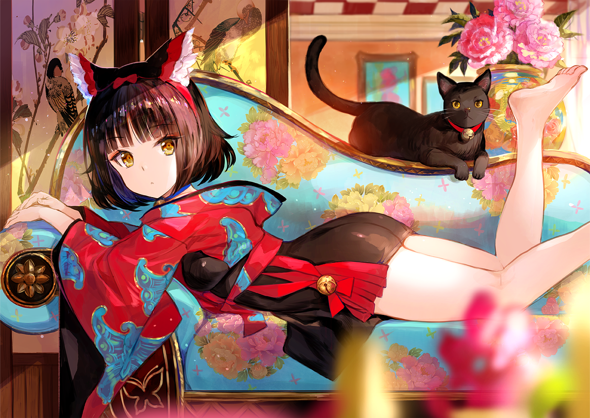 the illustration depicts a young animestyle woman with brown hair styled into a bob, adorned with fox ears and a red headband. she is wearing a red and black kimonolike dress and lying languidly on a luxurious, ornate chaise lounge.  a black cat with a gold collar is perched on the back of the couch beside her. the setting is an elegant, possibly antique, room with floral patterns on the furniture and wallpaper. the overall style is vibrant and detailed, with a focus on rich colors and soft lighting.  the image evokes a feeling of comfort and luxury.