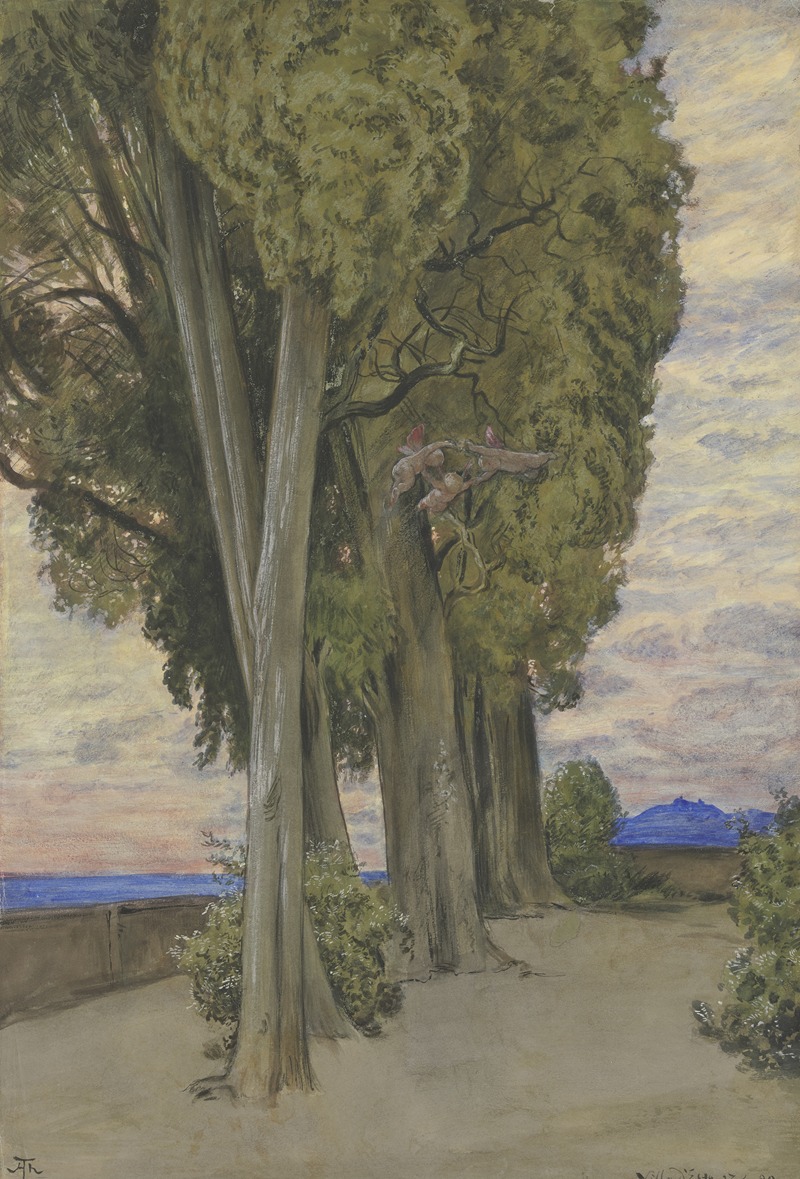 the painting depicts a landscape with tall, slender cypress trees lining a garden pathway. the trees dominate the composition, their dark green foliage reaching upwards. between the trees, a glimpse of the seascape can be seen with a wall and some bushes closer to the ground. the sky is filled with soft, muted clouds. a distant mountain can be seen on the horizon.