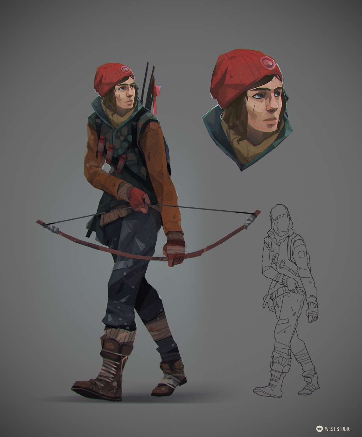 the image showcases concept art of a young female character, likely designed for a video game or animation project. dressed in practical, layered clothing suggesting a postapocalyptic setting, she sports a red beanie and carries a bow and arrow, marking her as a skilled archer. a closeup head study and a simple line drawing further explore her design and possible poses.