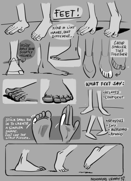 this image shows a guide on how to draw feet. there are different examples of feet in various poses, along with explanations on how to make the feet look relaxed, confident, nervous, shy, awkward, or afraid.