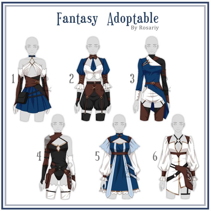 this image is an adoptable design sheet featuring six female fantasy characters in different outfits. each character is numbered and has unique details like accessories, hairstyles, and different color schemes. the outfits are diverse and range from warriorlike to more magicalinspired. there's a blueandbrown dress with thighhigh boots, a white shirt with a brown vest and pants, a blueandwhite dress with lace, a blackandbrown leather armor with a skirt, a white dress with a gold belt and brown boots, and a blueandwhite tunic with brown boots and a leather skirt. the image is created in a cartoon style, with clear outlines and vibrant colors.
