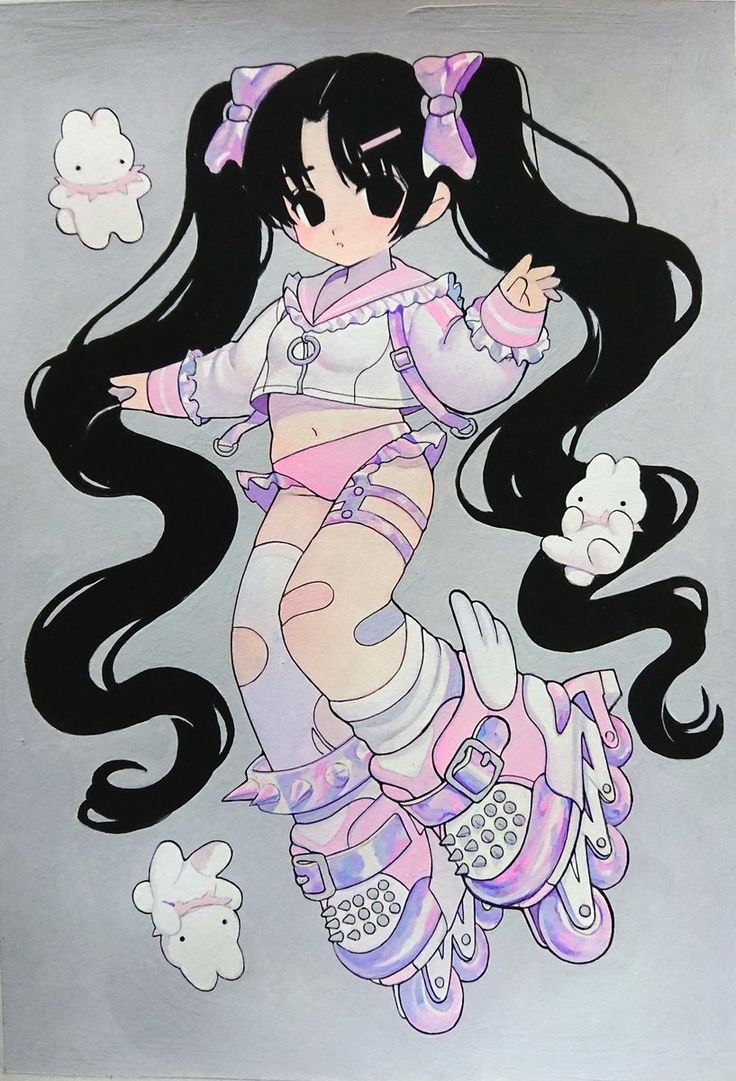 an illustration of an anime girl roller skating with bunnies floating around her. she has long black hair, is wearing a white jacket and pink shorts, and is on roller skates. her skates have pink and purple designs.