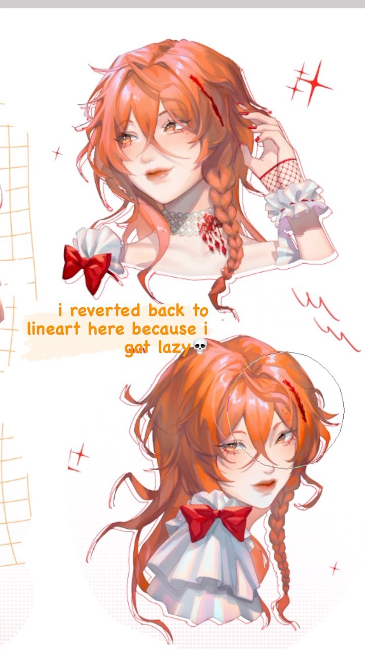 the image features two digital illustrations of the same animestyle girl with long orange hair styled in a braid. the top illustration is more fully rendered with shading and color, while the bottom illustration is presented in line art only. the artist notes that they "reverted back to line art here because [they] got lazy".  the girl has a red bow, a white collar, and appears to have small cuts or bloodstains on her face and neck. the style is aesthetically pleasing and slightly whimsical.