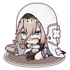 a cartoon chibi anime girl with white hair, white hat with flower details, black dress, sitting and smiling.  she has brown eyes, blue eyes, and brown hair.  she is in a cartoon setting.  she appears to be happy.