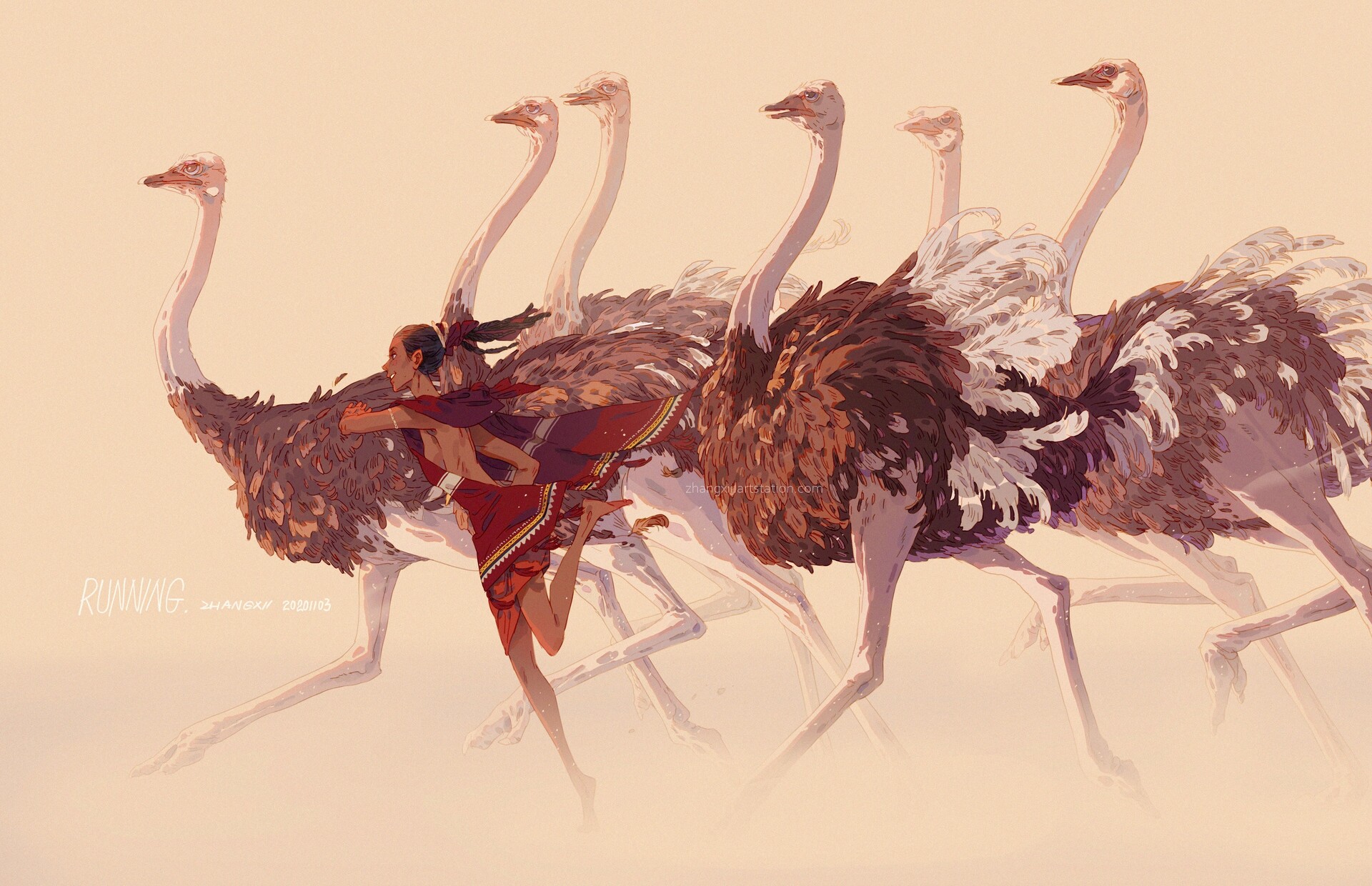 a young woman in a red dress is running alongside a group of ostriches in a whimsical illustration. the ostriches are depicted with long necks and powerful legs, their feathers flowing behind them as they race across a soft, pink background. the woman, with her hair flowing in the wind, appears to be enjoying the thrill of the chase, her arms outstretched as if to embrace the speed. the image is filled with dynamic energy, capturing the essence of both the woman's and the ostriches' freespirited movement. the vibrant colors and whimsical style of the illustration create a sense of joy and wonder, suggesting a fantasy world where the boundaries between human and animal are blurred.