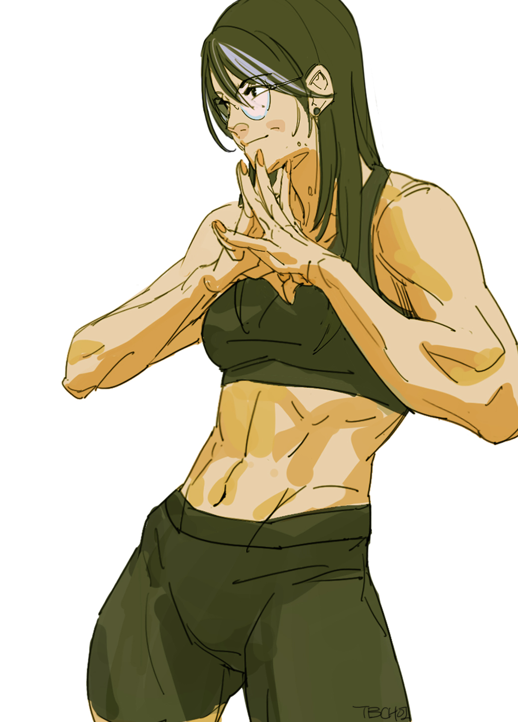 the image is a stylized anime or mangastyle illustration of a muscular young woman. she has long dark green hair, is wearing glasses, an olive green sports bra, and matching shorts. her physique is very toned and defined, showcasing a prominent sixpack.  she is depicted in a defensive or fighting stance, with her hands positioned in front of her chest. the art style is loose and sketchy, with visible brushstrokes giving it a dynamic feel. the overall color palette is muted, primarily consisting of greens, yellows, and browns. the background is plain white, drawing focus to the character.