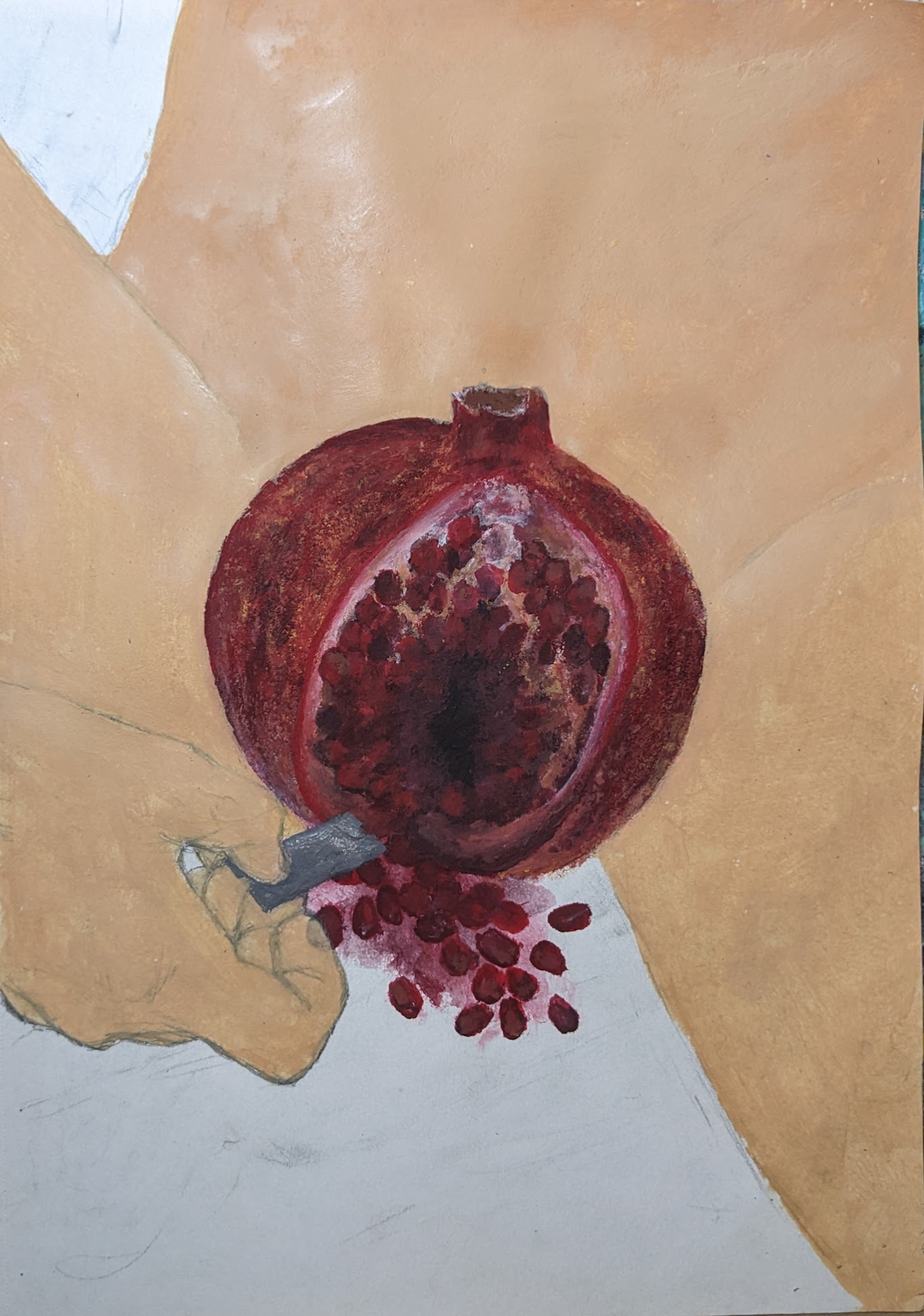 a painting of a hand holding a knife and cutting open a pomegranate.  the seeds are spilling out of the fruit.  the painting is done in a realistic style and the colors are vibrant.