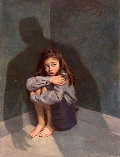 a young girl sits in a corner of a room, huddled up with her arms wrapped around her. she looks terrified, as if she is in danger. there is a large shadow of a man in the background, which makes the scene even more unsettling. the painting depicts a sense of fear and vulnerability.