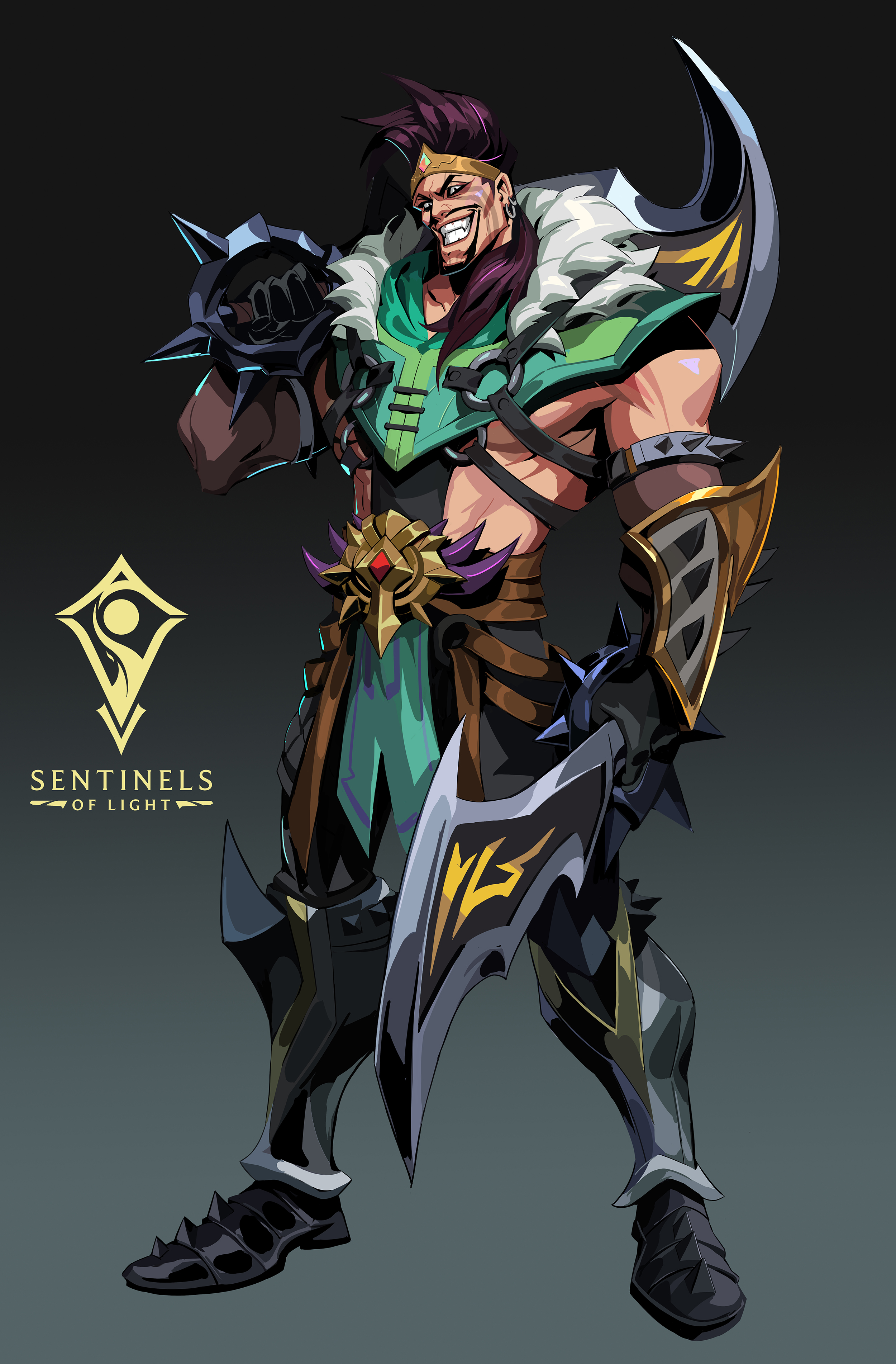 the image is a promotional illustration of jax, a champion from the popular video game league of legends, wearing his "sentinel of light" skin.  he is depicted in a dynamic pose, showcasing his powerful physique and weaponry.  he's smirking confidently, suggesting a formidable and assertive character. jax is heavily armored with teal, gold, and black accents. his armor features spikes, blades, and fur detailing. the artwork style is dynamic and stylized, typical of character artwork for video games, with bold lines and vibrant colors. the sentinels of light logo is visible in the lowerleft corner.