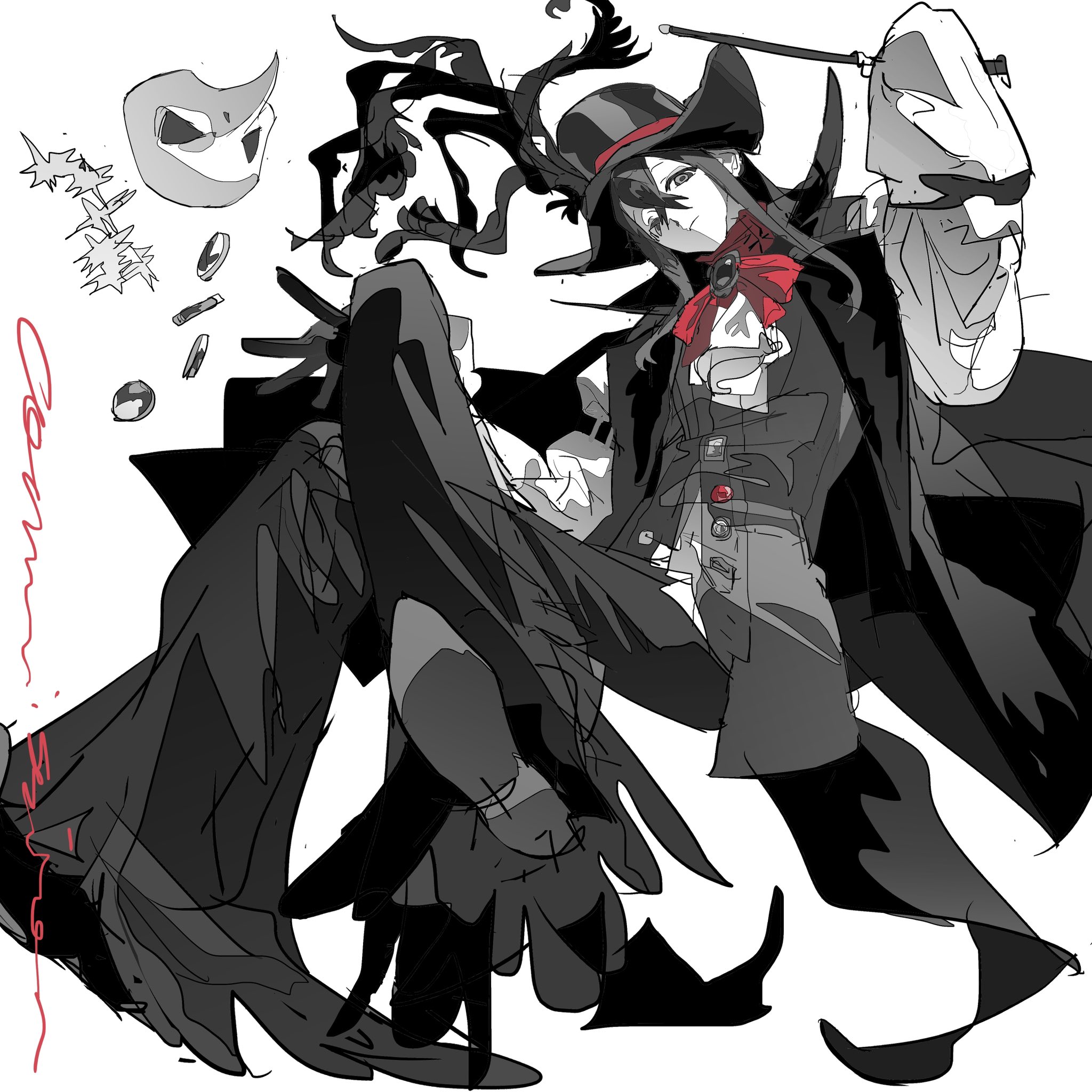 this is a drawing of a character from an anime or manga. the male character is wearing a black hat, a long jacket, and has long hair. he is in a dynamic pose with his arms and legs outstretched. the drawing is done in a stylized style and has a lot of shading.