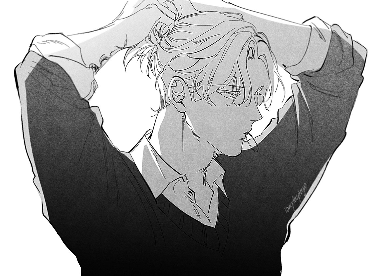 the image is a monochrome digital drawing or illustration of a young man, styled in an anime or manga aesthetic. he has long, lightcolored hair tied up in a loose bun, and he's wearing a darkcolored vneck sweater over a lighter collared shirt. his arms are raised, as if he's just pulled his hair back.  the style is detailed, with shading and linework creating a sense of depth and texture in the clothing and hair. the overall tone is serious and contemplative, with the man's profile slightly turned away from the viewer. the background is plain white, focusing attention solely on the figure. a watermark is subtly present on the man's arm.