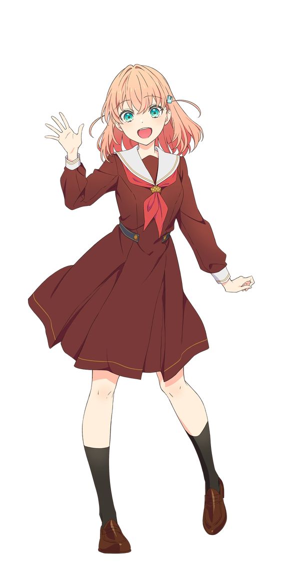 an anime girl with light brown hair and blue eyes, wearing a school uniform with a red bow. she is waving and smiling. the background is white.