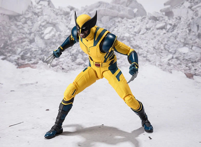 a wolverine action figure, clad in his iconic yellow and blue suit, crouches in a dynamic pose against a blurred, rubblestrewn background. his claws are extended, ready for combat. the studio lighting accentuates the figure's details and creates a dramatic atmosphere.