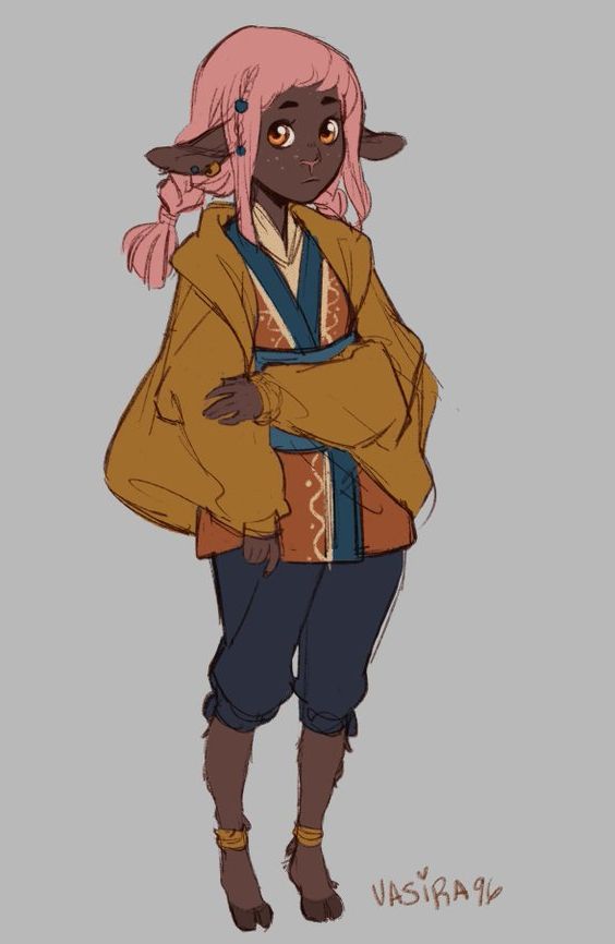 the image is a digital sketch of a young, female, anthropomorphic character. she has goatlike features, including ears and hooves, pink braided hair, brown skin, and expressive brown eyes.  she's dressed in a yellow jacket over an orange shirt and dark pants, accessorized with a blue obi (sash) and gold anklets. the art style is loose and sketchy, with visible brushstrokes and a soft color palette.  the background is a plain, light grey. the artist's signature, "vasiraya96," is subtly placed in the bottom right corner.
