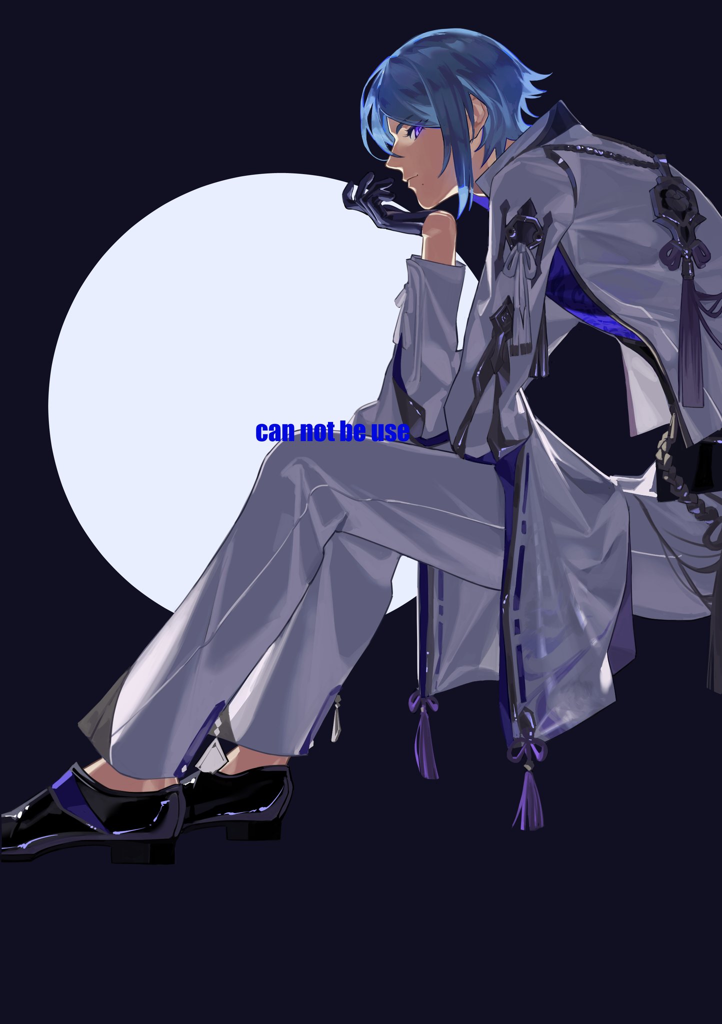 an anime character sits in a contemplative pose under a glowing moon. he is wearing a white outfit with purple accents. he has blue hair and is looking down. his clothing is detailed and elegant, with intricate designs and tassels.