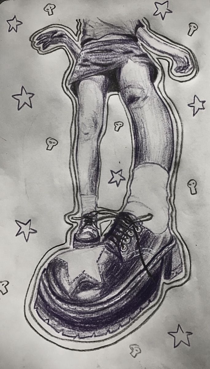 a detailed pencil sketch depicting a girl's legs and large platform boots. the style is grungeinspired, with a focus on texture and detail in the clothing and footwear. the background is decorated with small stars and skulllike symbols. the overall tone is monochrome, with shading used to create depth and form. the girl's pose is dynamic, with her arms slightly raised, adding to the edgy aesthetic. the drawing has a distinct, artistic style that blends realism with a sense of playful, almost surreal imagery.