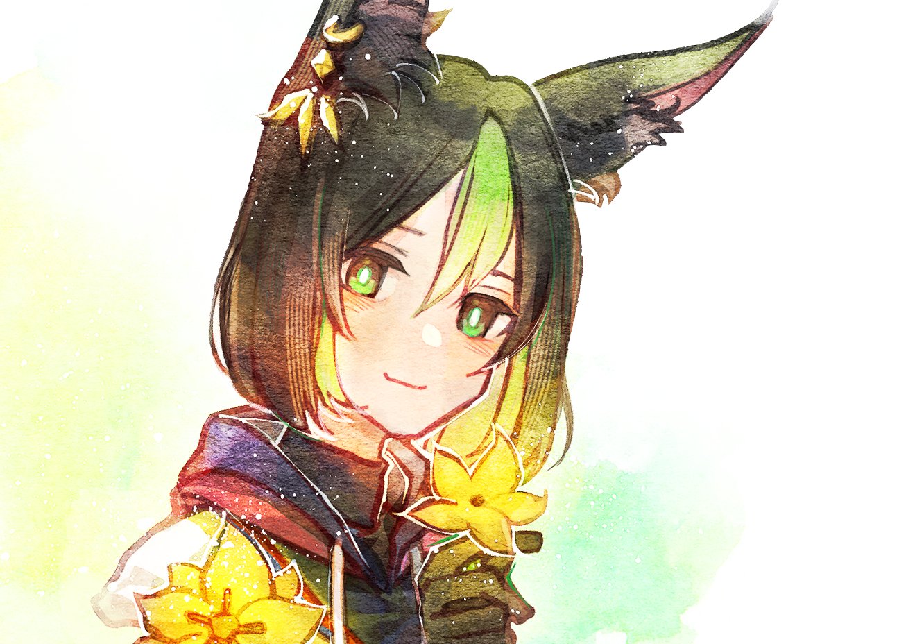 a digital watercolor painting of an anime girl with cat ears and green hair. she is smiling and holding a yellow flower in her hand. the painting has a soft, dreamy feel to it.