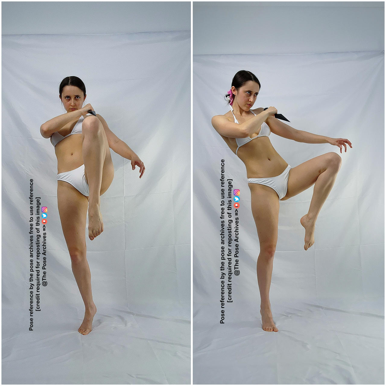 a woman in a white bikini is captured in two different dynamic poses against a white backdrop, suggesting a martial arts or fighting sequence. the soft lighting emphasizes her form and the fluidity of her movements.