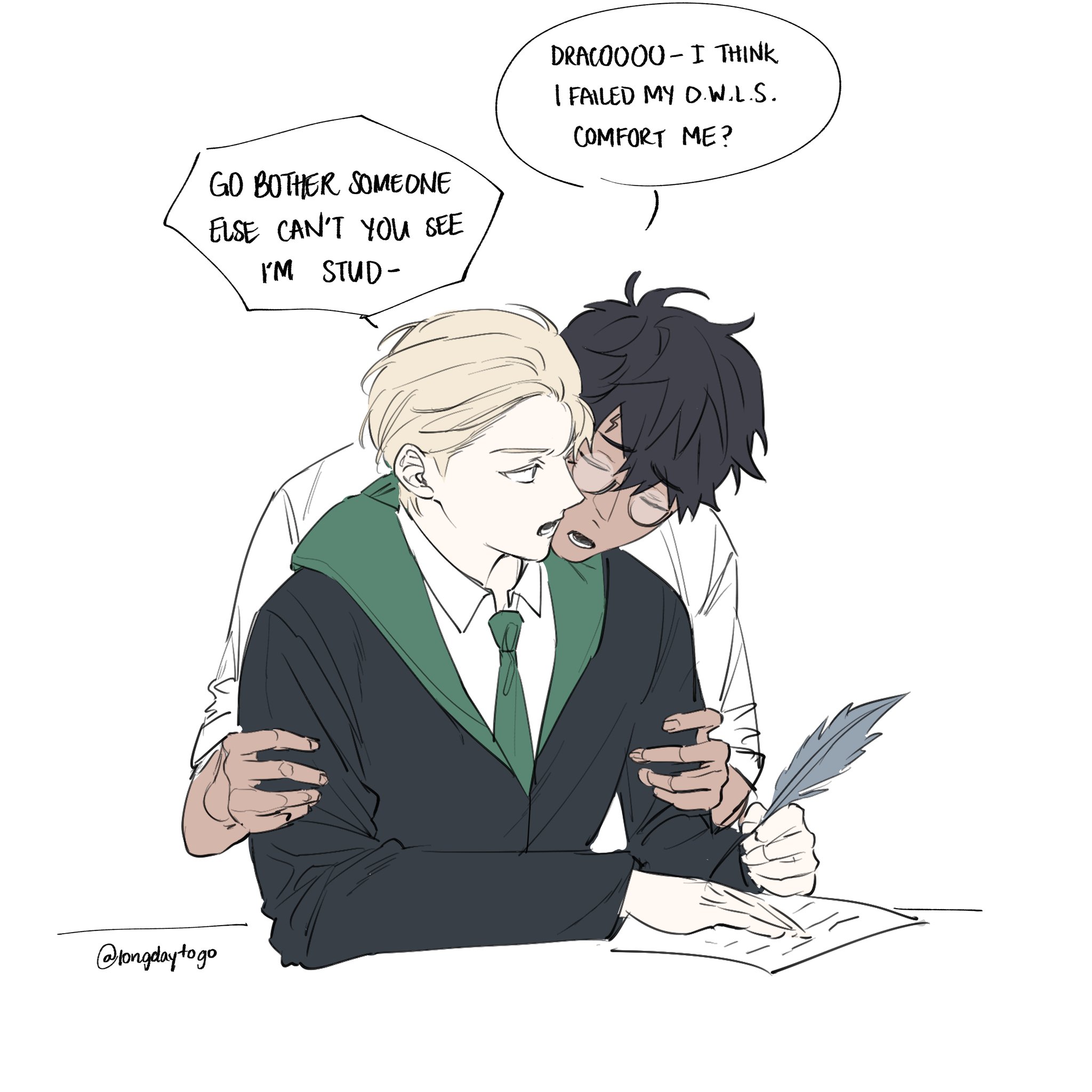 he image is a fanart depicting a romantic scene between draco malfoy and another character (possibly harry potter), who is comforting him after he failed his d.w.l.s. exam. they are in school uniform and hugging each other intimately. the art style is similar to manga/anime, utilizing clean lines and a monochrome color palette. the overall mood is tender and heartwarming.  the image includes speech bubbles containing their dialogue.