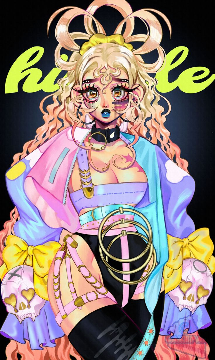 a digital illustration of an animestyle female character with long pink hair, blue eyes, and a colorful outfit, accessorized with jewelry, belts, and a skull on her hip. she is depicted against a dark background with the word "hi" visible to the left and "le" to the right of her.