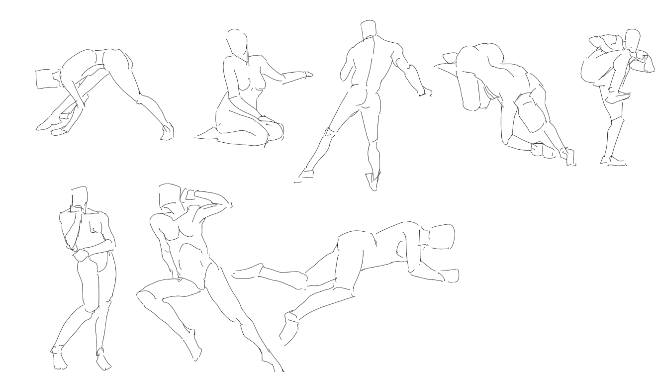 this image consists of nine individual figure drawings. each figure is depicted in a different dynamic pose, showcasing various angles and perspectives of the human body. the drawings are rendered in a simple line art style, focusing on capturing the gesture and form of the figures.