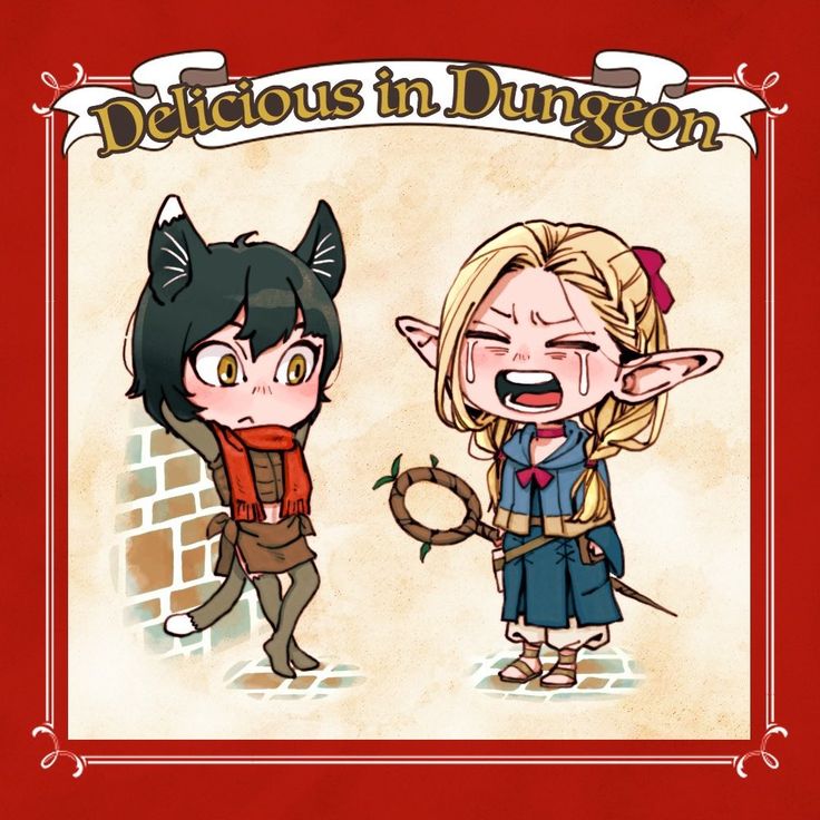 the image is a colorful illustration in a cartoon style reminiscent of manga or anime. it features two chibistyle characters: a catgirl with dark hair and a red scarf, appearing slightly apprehensive and leaning against a brick wall, and a blonde elf girl with pointed ears who is crying dramatically while holding a twig staff.  the style is cute but slightly melancholic. the illustration is framed with an ornate border that includes the title "delicious in dungeon" at the top. the overall aesthetic is lighthearted fantasy adventure with a slightly darker or mysterious undertone hinted by the elf's distress.