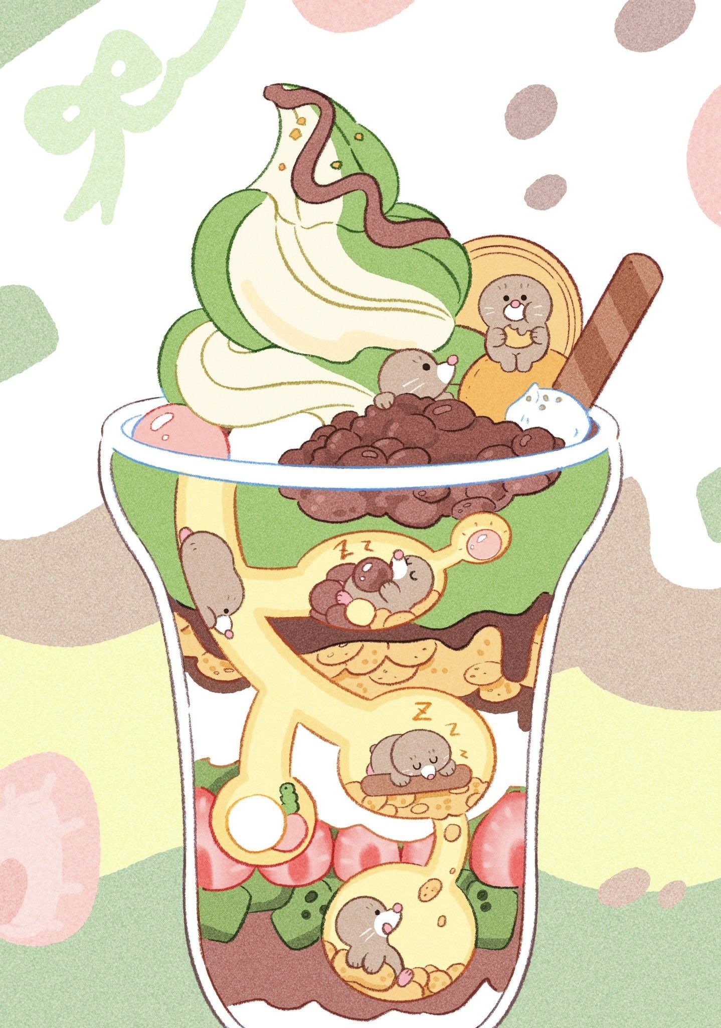 the image is a whimsical and adorable illustration of a matcha parfait overflowing with various sweets and tiny, cartoon moles nestled within the layers. the parfait features a generous scoop of matchaflavored whipped cream, red bean paste, mochi, cookies, strawberries, and other treats. the unique aspect is the inclusion of several small, sleeping moles tucked into different sections of the parfait, creating a charming and unexpected element. the style is clearly kawaii (cute) and cartoonish, with soft pastel colors and simple yet expressive character designs. the overall impression is one of delightful sweetness and playful charm.