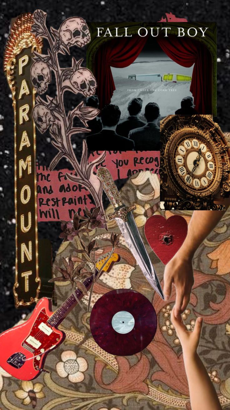 a collage featuring the album cover for fall out boy's "from under the cork tree". the collage features various images including a dagger, a guitar, a record, a clock, a heart, a hand, and flowers. the album cover is in the background and is surrounded by other images.