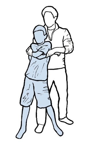 a drawing of a man hugging a boy. the boy has his arms crossed.