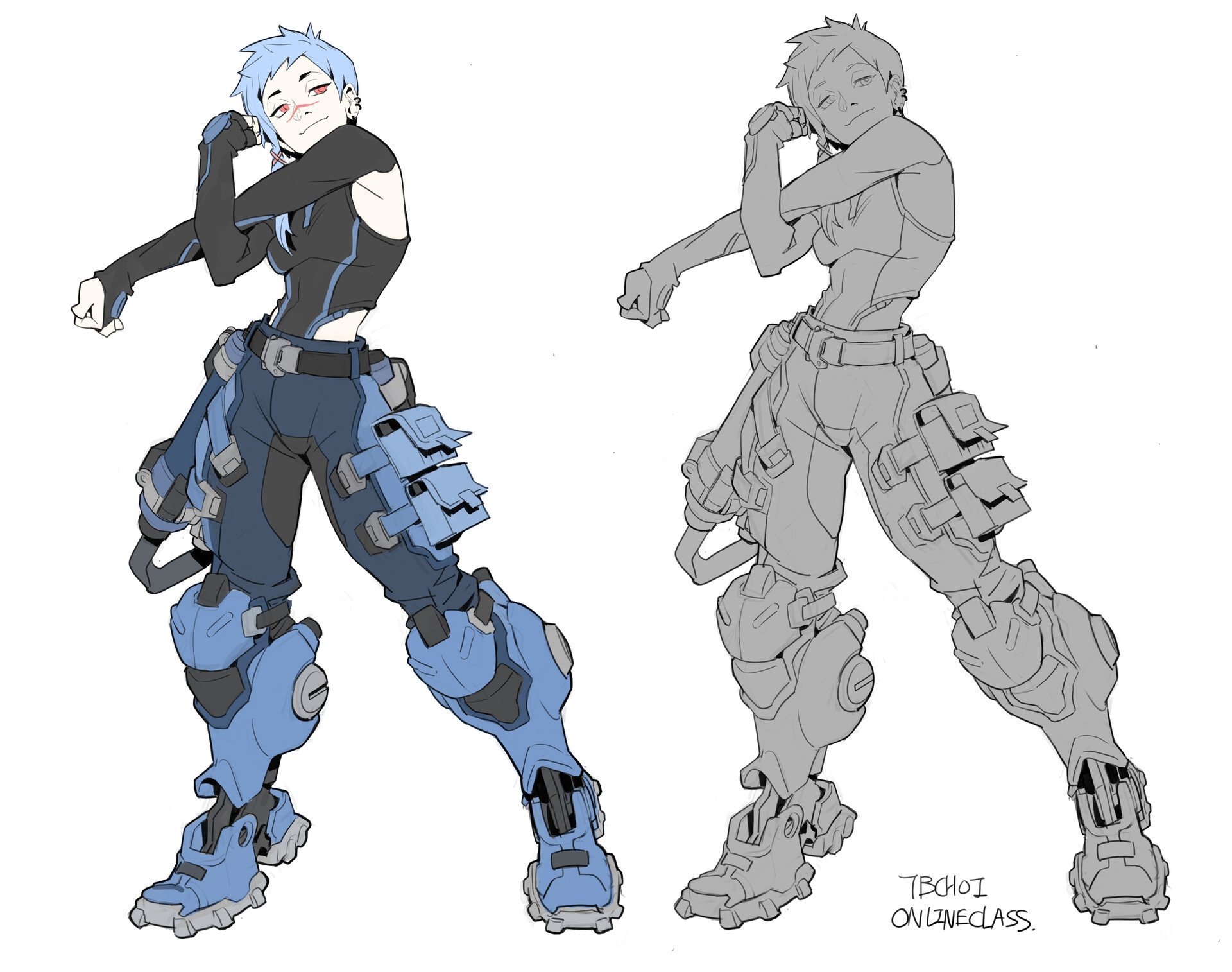the image presents a digital illustration showcasing a female character in a futuristic, mechainspired outfit.  the image is split into two sections: one shows a colored version of the character, with the clothing primarily in shades of blue, and the other presents a grayscale line art version. the character is depicted in a dynamic, slightly defiant pose, suggesting action or readiness for combat. the style of the art leans towards anime or manga, with clean lines and a focus on character design. the artwork is clearly a character sketch or concept art, possibly created as part of an online class by artist tbchoi.  the details of the armor and the character's expression are welldefined.
