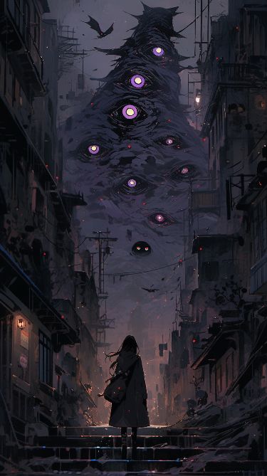 the image shows a narrow, atmospheric city street at night. in the background, a large, shadowy monster looms over the buildings, its body covered in glowing eyes. a lone figure stands in the foreground, their back to the viewer, seemingly unafraid of the monstrous presence. the overall tone of the image is dark, mysterious, and slightly unsettling.