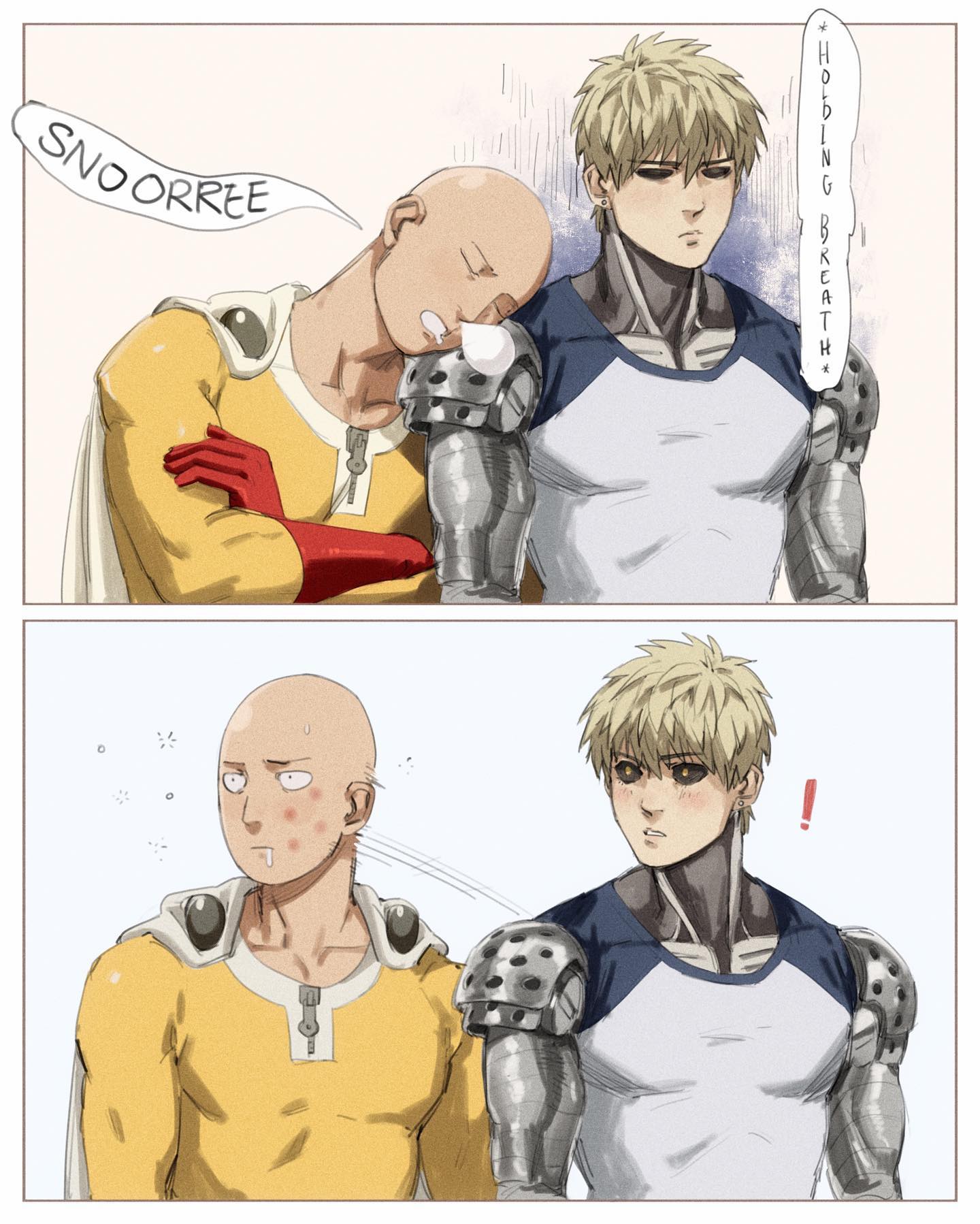 this is an illustration from the popular anime and manga series, one punch man. it features the main characters saitama and genos, and the scene is a humorous one as saitama is holding his breath while genos is visibly blushing.  saitama is known for his overpowered abilities and his relatively mundane personality. this illustration captures that dynamic, with saitama being unfazed and genos being clearly embarrassed.