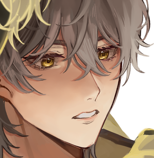 this is a closeup portrait of an anime male character. he has gray hair and golden eyes. he is looking off to the side with a serious expression. his face is softly shaded and his eyes are highlighted. he has a few strands of hair falling over his forehead.