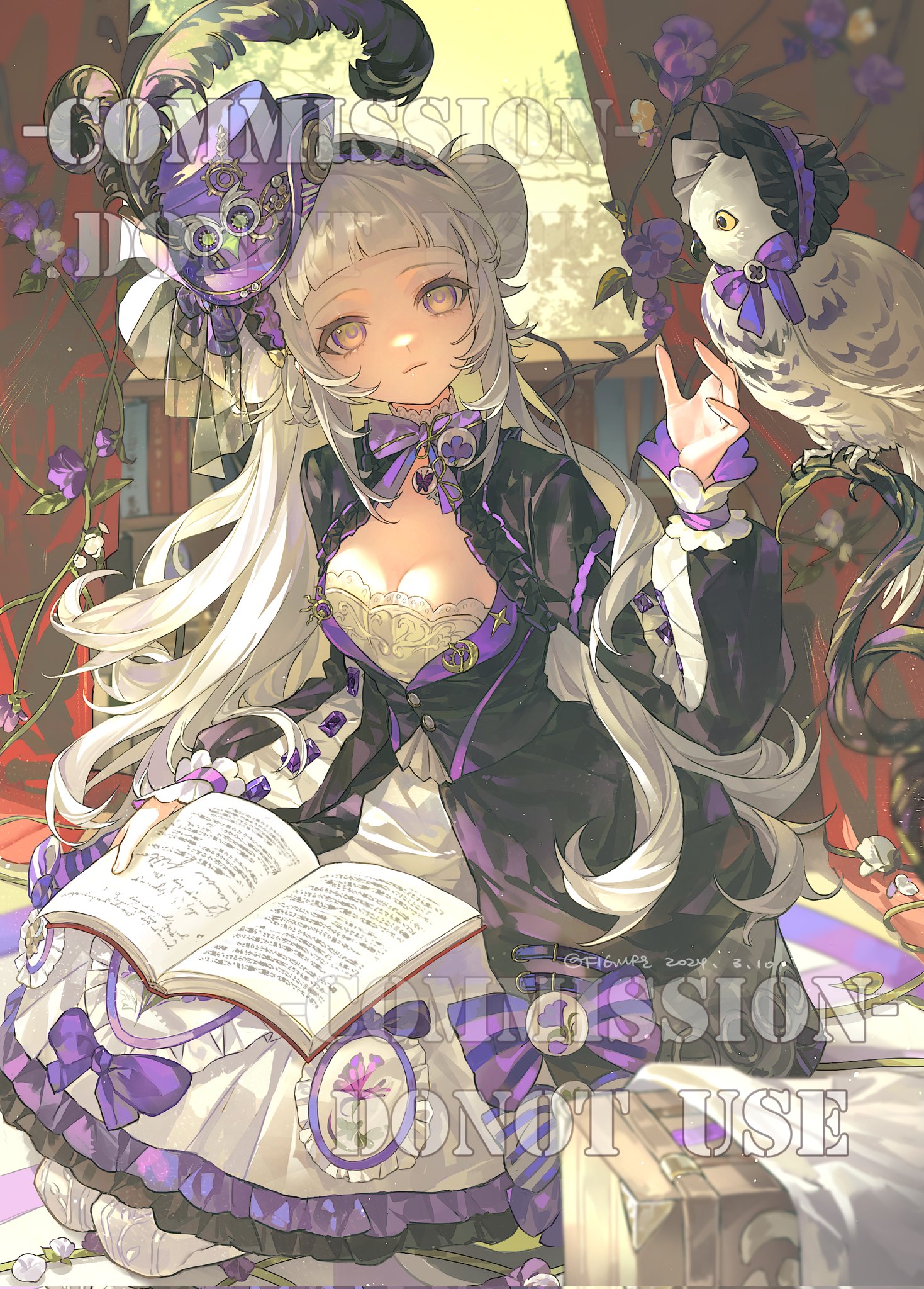 an animestyle girl with long white hair wearing a black and white dress with purple accents sits and reads a book. an owl perched behind her also wears a purple bow. the image also includes a feather in a hat on the girl's head and purple flowers.