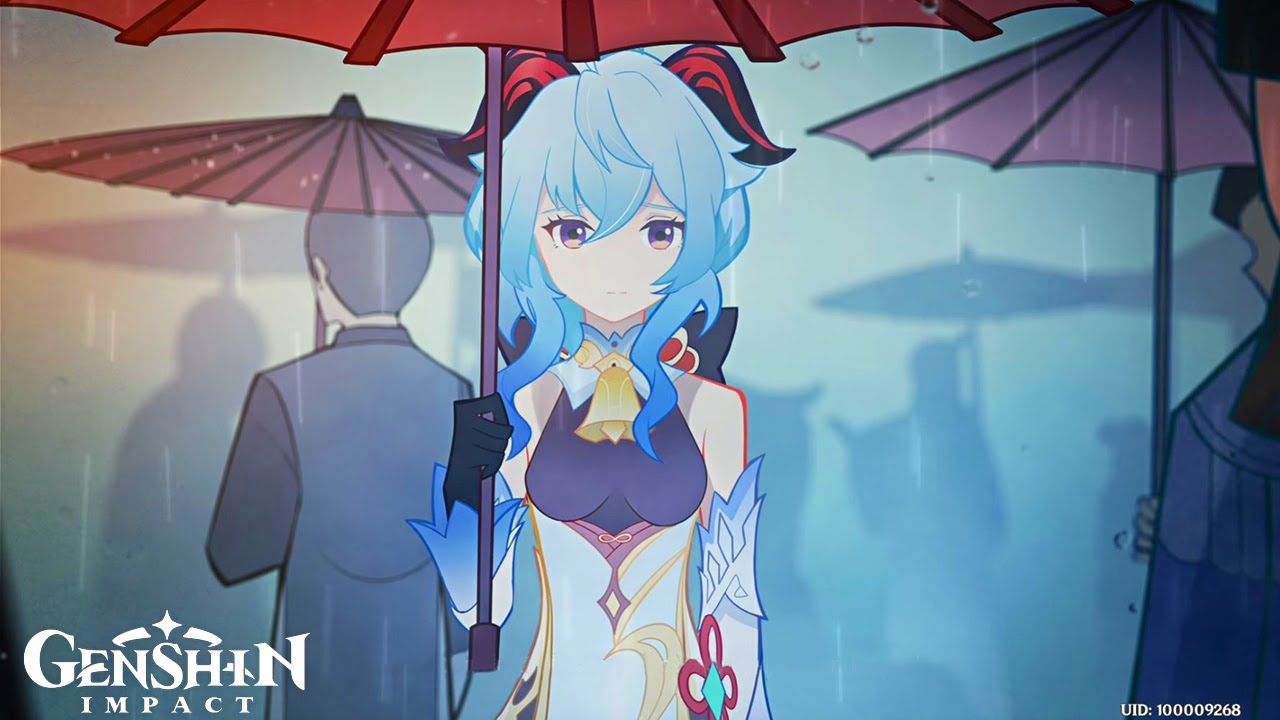 a bluehaired anime girl stands in the rain, holding a red umbrella. she is dressed in a traditional chinese outfit with a bell around her neck. the girl is looking down, and her expression is sad. she is surrounded by shadows of other people, but she is alone.