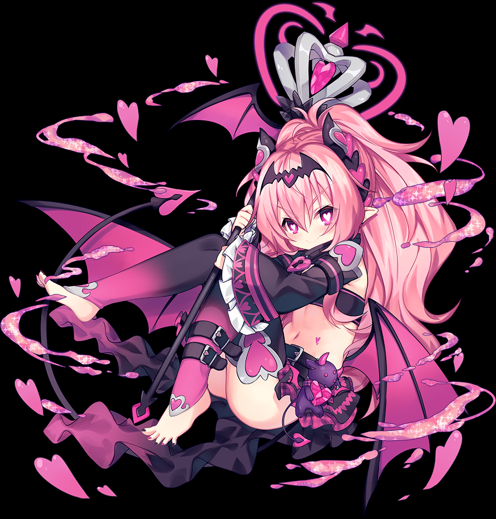 a pinkhaired anime girl with demon wings, wearing a black and pink dress, holding a staff with a heart shaped crown on top of it. she has a cute and innocent expression and is surrounded by hearts and sparkles.