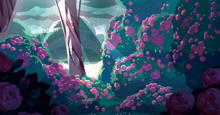 the image is a vibrant cartoon illustration of a magical forest scene. the dominant features are lush, stylized bushes overflowing with pink and purple roses.  sunlight streams through the trees, casting a soft glow on the flowers and creating a sense of depth and atmosphere. the overall style is whimsical and peaceful, with a focus on bright, saturated colors and a slightly painterly texture. the scene evokes a feeling of fantasy and wonder.