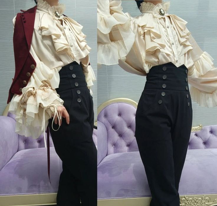 the image shows two views of a fashion ensemble that appears to be inspired by vintage or victorian styles. the outfit consists of a highcollared, longsleeved blouse with many ruffles, paired with highwaisted black pants that feature a prominent button closure. a burgundy vest or jacket is seen on the left. the setting includes a purple couch or sofa, which complements the vintage aesthetic.