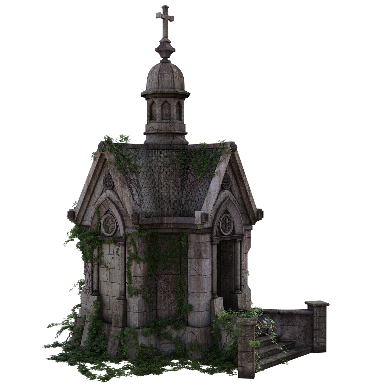 an image of an old, stone mausoleum with a cross on top, covered in ivy, standing in a graveyard. the structure has a gothic architecture style and appears weathered and ancient. stairs lead up to the mausoleum.