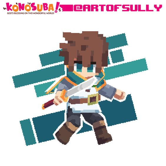 this is pixel art of kazuma satou, the main protagonist from the anime and light novel series konosuba. he is holding a sword and looking to the left of the frame. he's wearing his iconic green cape, a brown belt, white tunic, brown pants and boots. the background is white with blue and green geometric shapes.