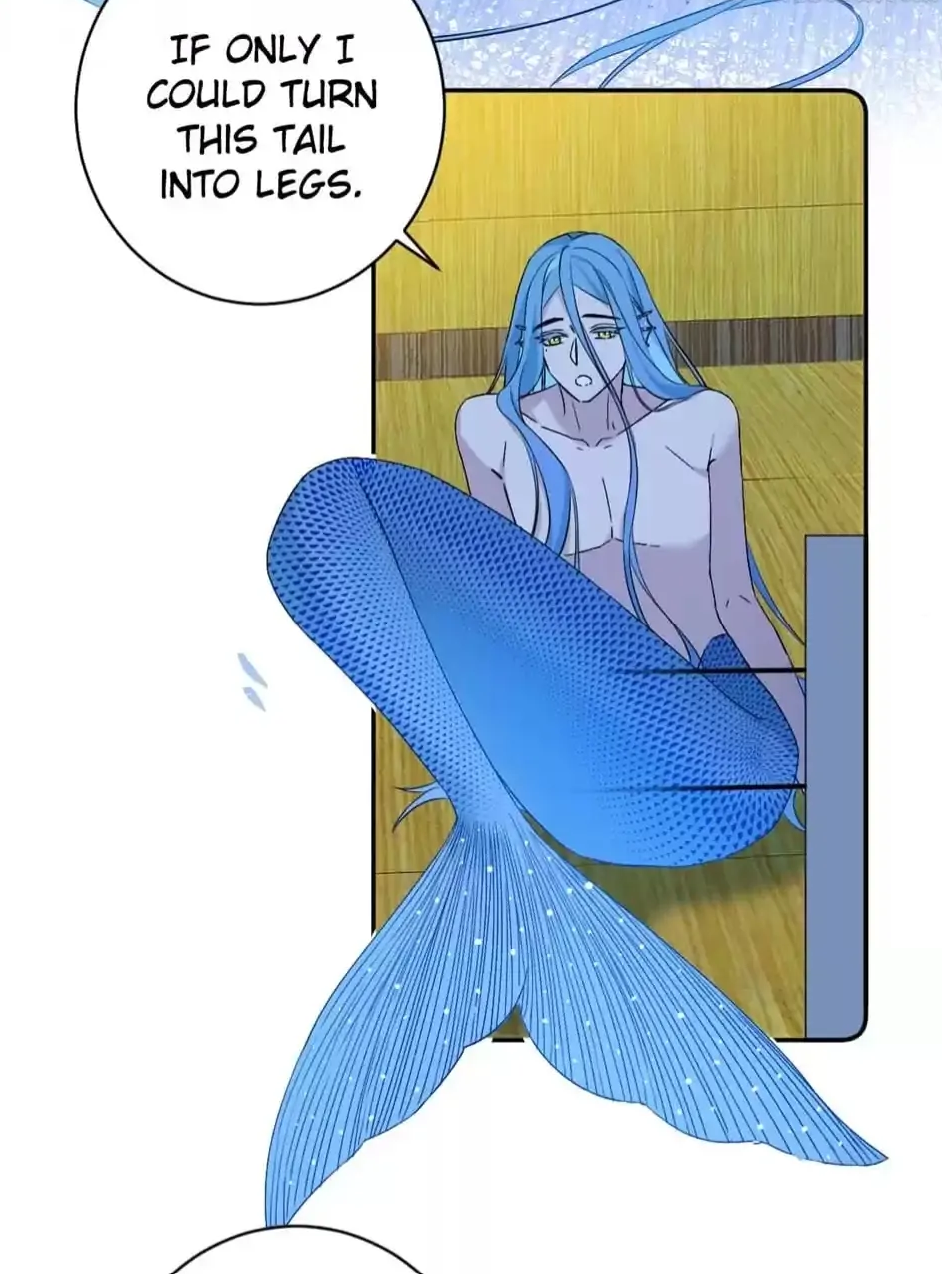 the image is a digital illustration or mangastyle drawing featuring a mermaid. the mermaid has long, flowing light blue hair and a beautiful blue scaled tail.  she's sitting in what looks like a wooden room or bath. a speech bubble above her expresses her desire: "if only i could turn this tail into legs." the overall tone is wistful and melancholic. the art style is clean and appealing, with soft colors and a focus on the mermaid's expressive features and elegant form.