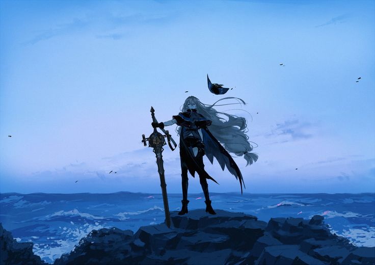 the image is a digital painting or illustration in an anime style. it depicts a young woman, possibly a warrior or knight, standing on a rocky outcrop overlooking a vast, dark blue ocean under a twilight sky.  she has long, flowing white or silver hair and is clad in dark clothing and boots.  she holds a large, ornate sword. a small, dark object resembling a mask or butterfly floats in the air nearby.  the overall mood is serene, peaceful, yet also subtly mysterious and powerful. the color palette is dominated by shades of blue and purple.