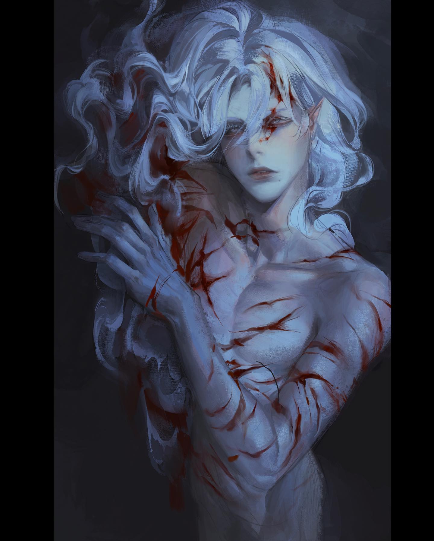 the image shows a fantasystyle portrait of a male elf with long, flowing white hair. his upper body is bare, revealing numerous deep, red wounds and scars that crisscross his torso and arms.  his expression is one of somber resignation, and the overall tone of the image is dark and melancholic. the lighting is soft and diffused, adding to the ethereal and somewhat haunting atmosphere.