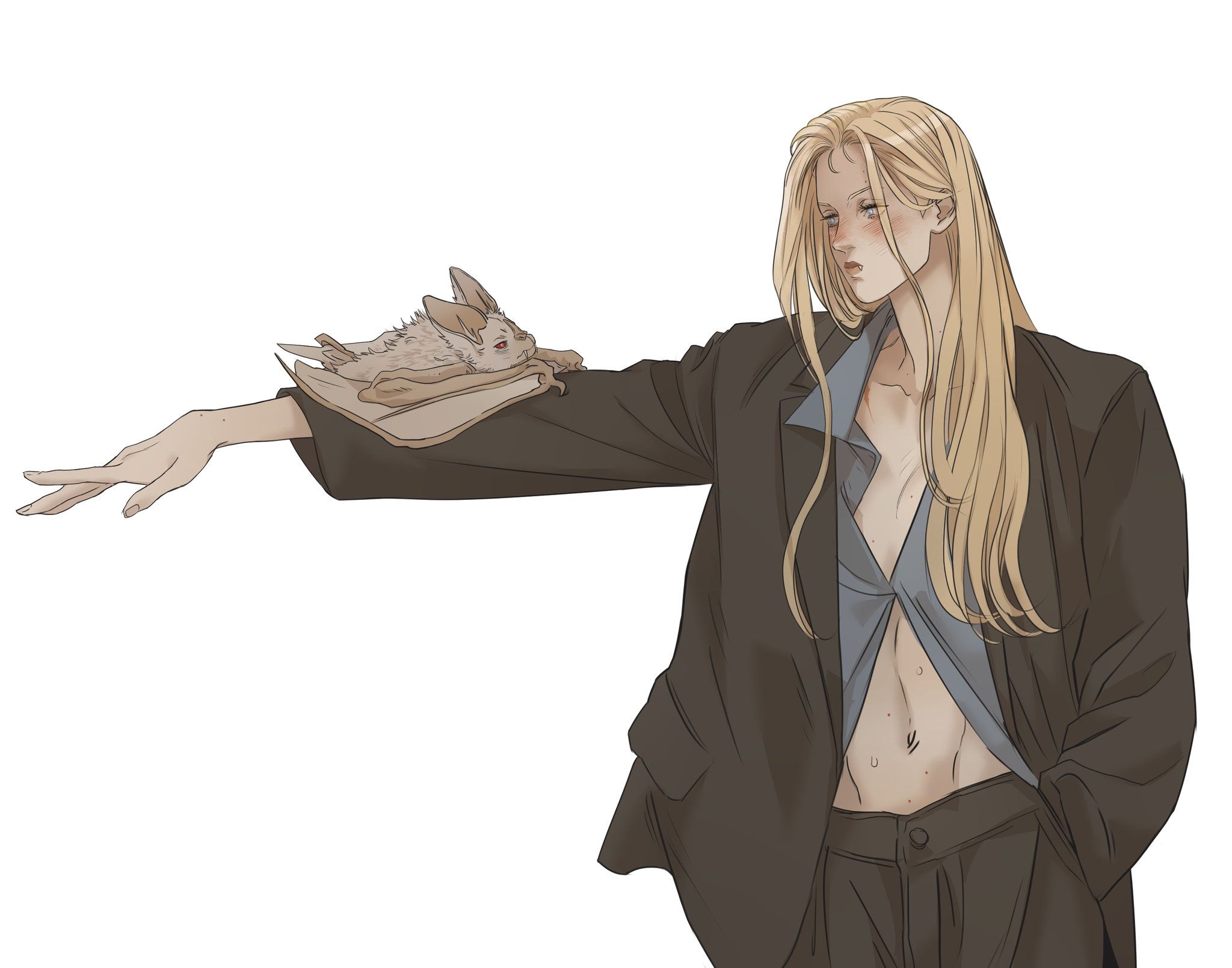 the image is a drawing of a man with long blonde hair wearing an open suit and shirt. the man's abs are visible. a bat is perched on the man's arm. the bat has red eyes.