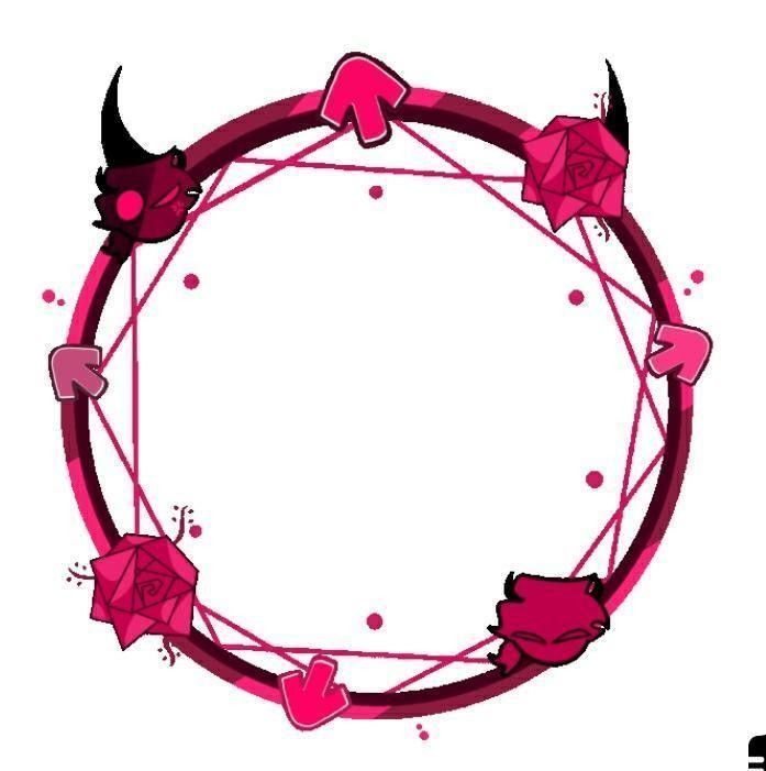 the image is a pink circular frame with elements reminiscent of the friday night funkin' mod aesthetic. it features roses, devil horns, and music note arrows. there is an internal geometric structure also made up of pink lines that are connected together.