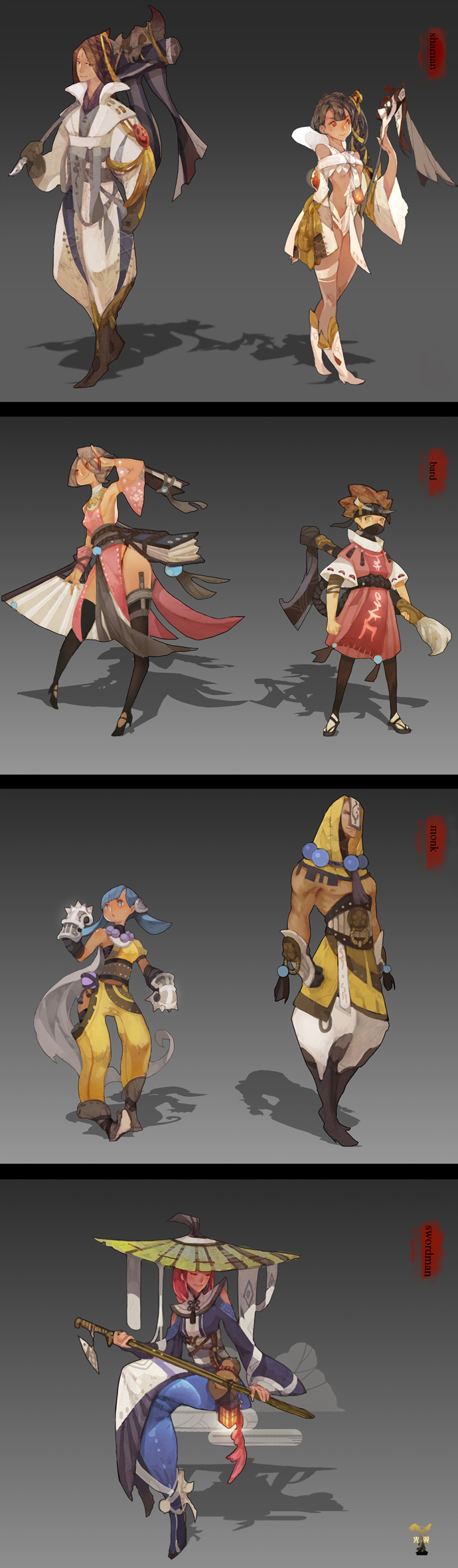 the image showcases eight distinct character designs for what appears to be a video game or animation project. the characters are presented against a plain grey background, allowing the focus to remain on their unique attire and features. each character has a stylized appearance with exaggerated proportions and detailed outfits inspired by eastasian aesthetics.  the color palette leans towards warm, earthy tones with pops of brighter colors in their clothing. the overall impression is of a diverse cast of characters for a fantasy setting.